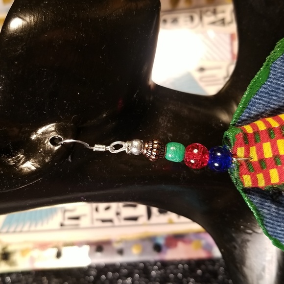 Jazzy Blue Jean fabric kente cloth print African fabric Fringes earrings - Picture 4 of 9